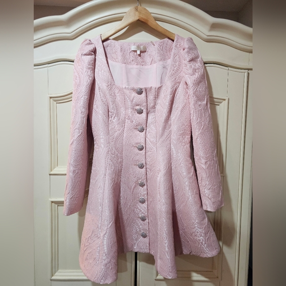 LoveShackFancy 🩷 6 Haveri Lt Pink Brocade Sqaure-Neck Crystal Button Mini Dress - Picture 6 of 7